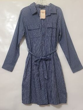 Miracle Berry Striped Button-Down Shirt Dress in Navy and White - Size L NEW